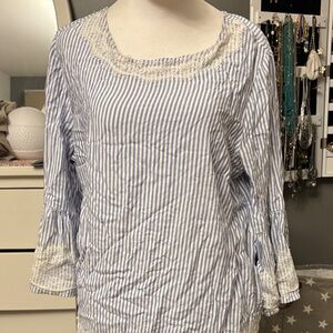 Blue & White Striped Lace-Trim Tunic Top